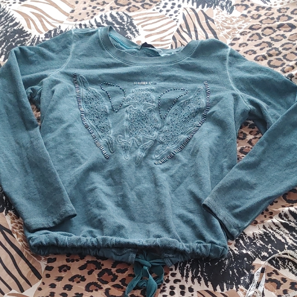 Garcia Jeans Teal Long Sleeve Top with Tie Waist And Beading Sz SM